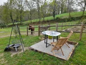 a patio with a table and two chairs and a horse at Roulotte Manoé in Liéoux +4 photos