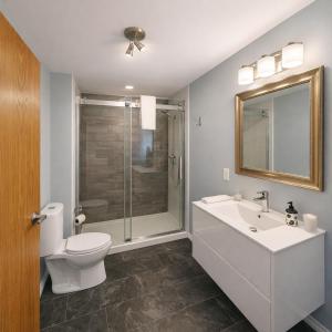 a bathroom with a toilet and a sink and a shower at Motel Au Vieux Frontenac in Thetford Mines