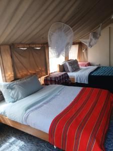 two beds in a room with a tent at Oloiba Nkuti lodge in Sekenani
