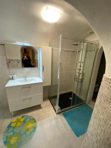a bathroom with a shower and a sink and a mirror at Appartement Kylie in Néris-les-Bains +9 photos