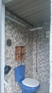 a bathroom with a blue toilet and a sink at Kombi Home in Piedade