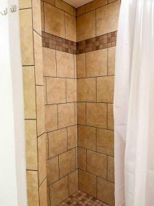 a tiled shower with a shower curtain in a bathroom at Big Bass Bungalow - Quitman Tx in Quitman