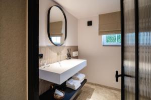 a bathroom with a white sink and a mirror at Manoir Kasselslay in Roder