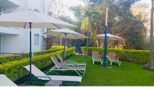 a group of chairs and umbrellas in a yard at Hermoso departamento en Tequesquitengo alberca jacuzzi y acceso al lago in Tequesquitengo