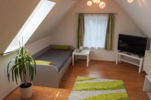a small living room with a couch and a tv at Frühstückspension-Appartement Liebmann in Schamberg
