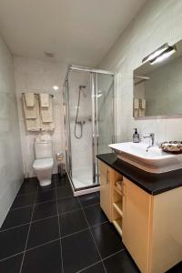 a bathroom with a sink and a shower and a toilet at Casa do Olival in Macedo de Cavaleiros