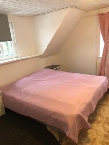 a bedroom with a pink bed in a attic at Huset i Hammelev in Vojens