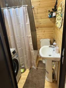 a small bathroom with a toilet and a sink at Achkhoti Paradise in Kazbegi +10 photos