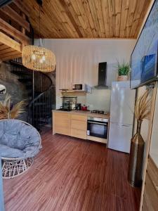 a kitchen with a refrigerator and a counter top at Lodge Sakayu - Charme, calme & piscine privée in Saint-Louis