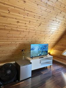 ein Wohnzimmer mit einer Decke mit Holzwänden in der Unterkunft Ronis Place in Shkodra