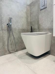 a white toilet in a bathroom with a shower at Перлина Люкс in Khmelnytskyi +15 photos