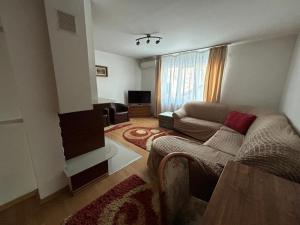 a living room with a couch and a television at Casa in Bucovina in Gura Humorului