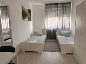 a small room with two beds and a mirror at Ferienwohnung Rheinglück in Oppenheim