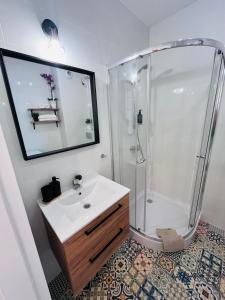 a bathroom with a shower and a white sink at Apartamenty Brzeska 10 in Warsaw +65 photos
