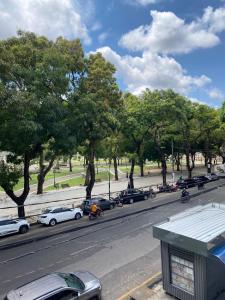a street with parked cars and trees in a park at Dom Carlos in Belém
