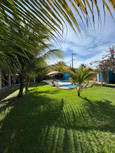 a shady yard with palm trees and a swimming pool at Pousada Manga Azul in Barra de Camaratuba