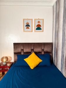 a bedroom with a blue bed with a yellow pillow at Quiet Private Room in Tiznit in Tiznit