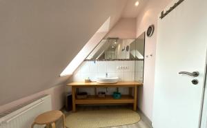 a bathroom with a sink and a mirror at Haus Birkenhof in Moorhausen +41 photos