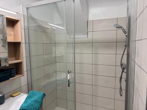 a shower with a glass door in a bathroom at La Fage in Nasbinals