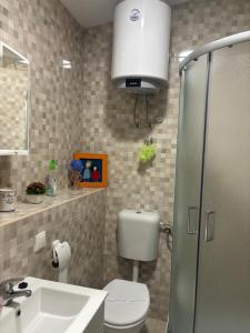 a bathroom with a toilet and a sink and a shower at Happy Home LP in Gruda +12 photos