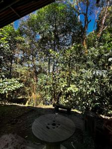 a wooden bench sitting in the middle of a park at Cabaña kloski in Damita