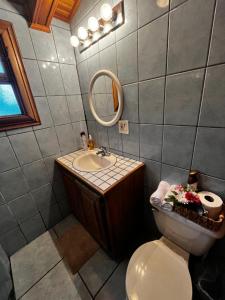a bathroom with a toilet and a sink and a mirror at Cabaña kloski in Damita
