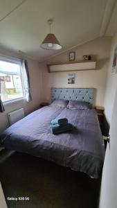 a bedroom with a large bed with a blue blanket at Newydd nook in Anglesey +16 photos