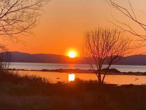 a sunset over a body of water with a tree at Chalet l'Intemporel - St Lawrence View in Notre-Dame-du-Portage