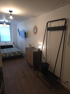a bedroom with a bed and a dresser in a room at Montbel'appart Studio Central tout équipé in Montbéliard