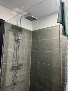 a shower in a bathroom with brown tiles at Les Chalets du Lac Serein --Serein-- in Saint Ludger de Milot +45 photos