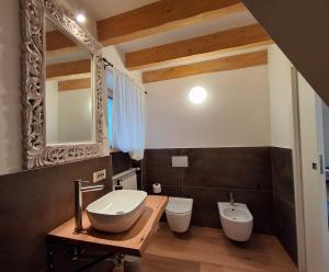 a bathroom with a sink and a toilet and a mirror at Chalet La coccola di Lulù in Molina di Ledro