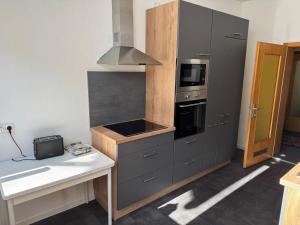 a kitchen with gray cabinets and a stove top oven at Steigerstube in Clausthal-Zellerfeld