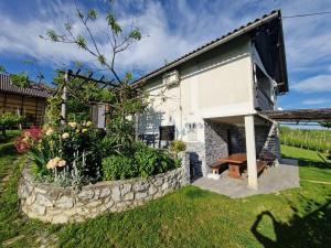 a house with a stone wall and a bench at Vineyard Cottage with Private Jacuzzi in Metlika