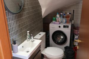 a bathroom with a toilet and a sink and a washing machine at Villa Milea in Milies Pelion in Mileai