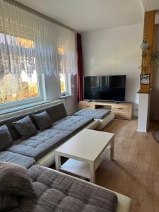 a living room with a couch and a flat screen tv at Steigerstube in Clausthal-Zellerfeld