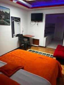 a bedroom with a bed and a desk and a tv at Hotel Tropical Club in Estación El Salto