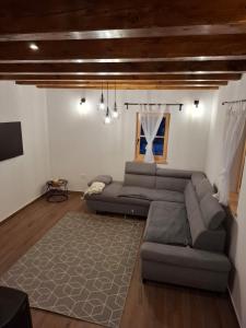 a living room with a couch and a tv at Timber Home in Veliko Trgovišće