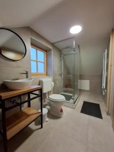 a bathroom with a toilet and a sink and a shower at Timber Home in Veliko Trgovišće +14 photos