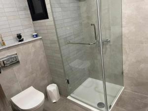 a bathroom with a shower and a toilet at Cerises in El Aouina Station +4 photos