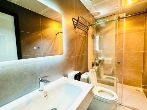 a bathroom with a sink and a toilet and a mirror at An's Home Ninh Binh in Ninh Binh