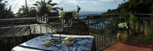 a table on a balcony with flowers in vases at Agriturismo Castanito in Vico Equense