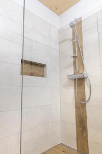 a shower with a glass door at Huawa Appartements in Öblarn +29 photos