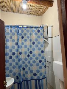 a bathroom with a blue and white shower curtain at Cabañas Puesta del Sol in Purmamarca +13 photos