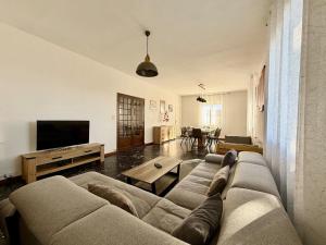 a living room with a couch and a tv at L'Horizon de la Cité in Carcassonne