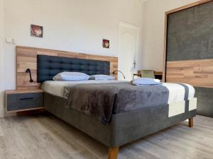 a bedroom with a large bed with a blue headboard at L'Horizon de la Cité in Carcassonne +13 photos