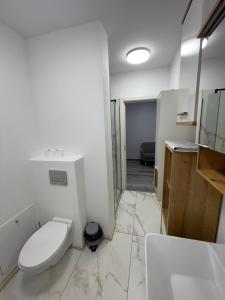 a white bathroom with a toilet and a sink at Urban Haven Apartment in Oradea