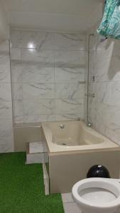 a bathroom with a bath tub and a toilet at Hotel Diamante Azul in Huancayo