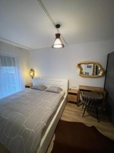 a bedroom with a large bed and a mirror at Urban Haven Apartment in Oradea