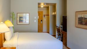 a bedroom with a white bed and a television at Cahilty #120 home in Sun Peaks