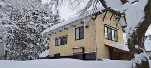 a building covered in snow next to a tree at Yuki Lodge Myoko in Myoko